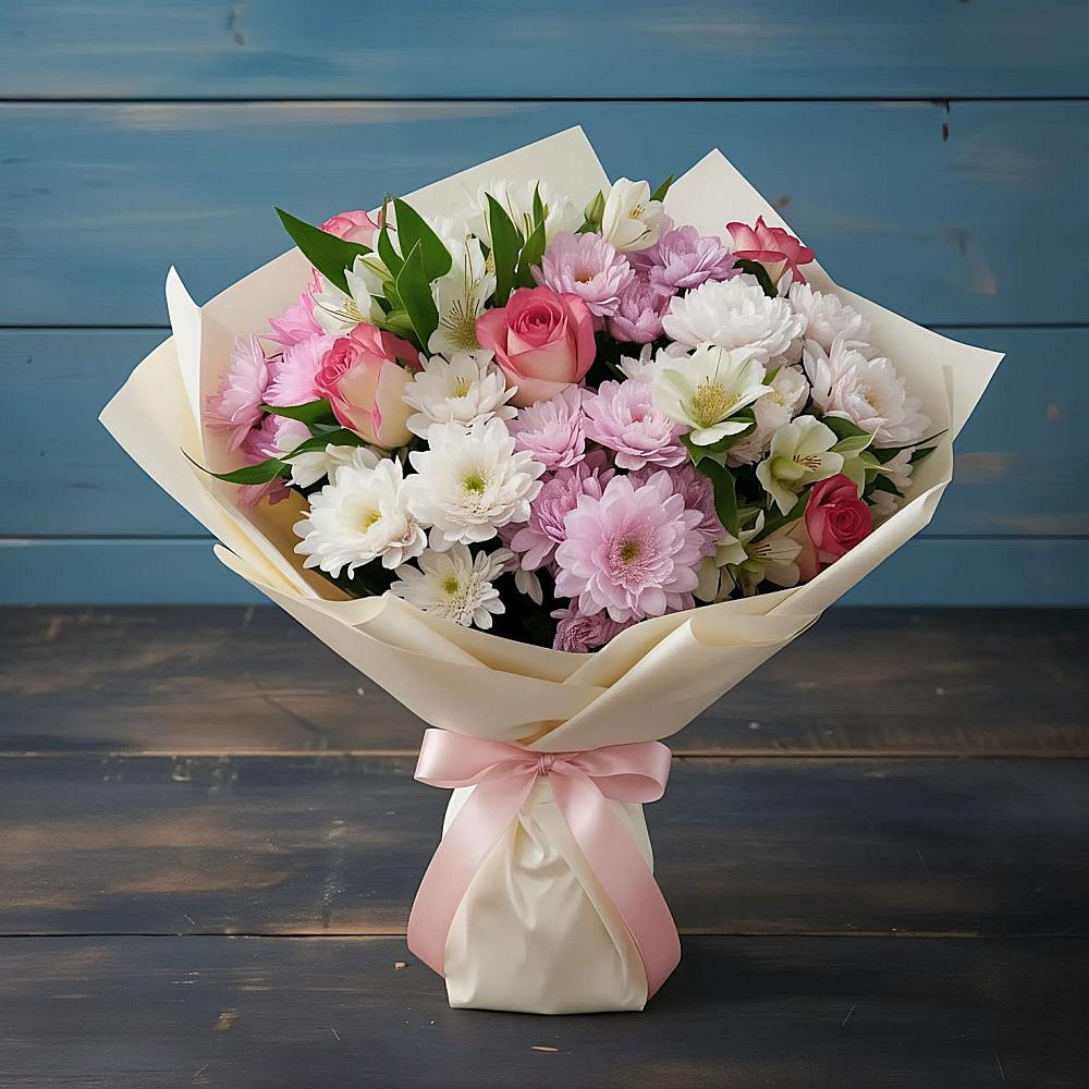 Букет цветов из: Хризантемы, Альстромерии и Розы в Иванисово